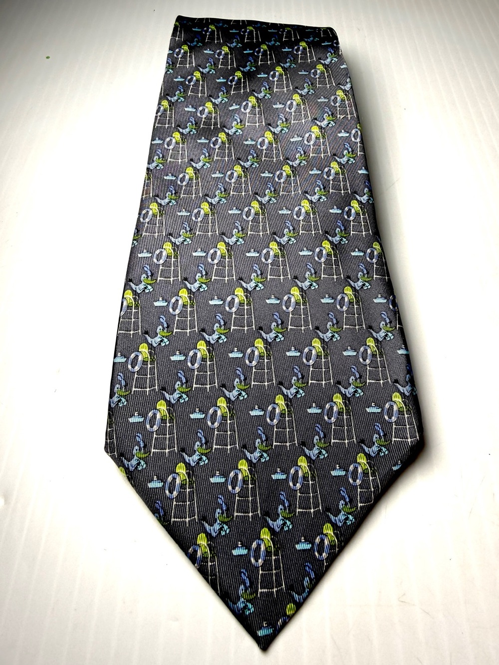 Salvatore Ferragamo Greay Silk Tie with Blue and Lime Motif